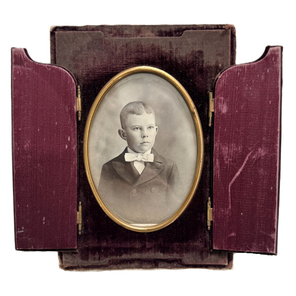 Antique Burgundy Velvet Sepia Boy Photograph Folding Frame Case Victorian 6 x 8"